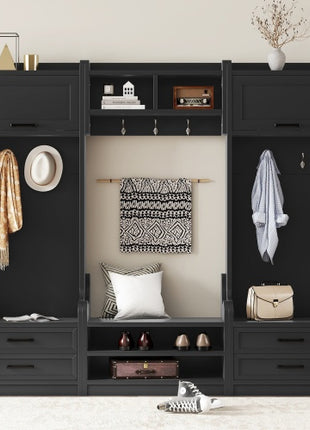 4-in-1 Hall Tree Entryway Storage Bench with Coat Hooks & Cabinet