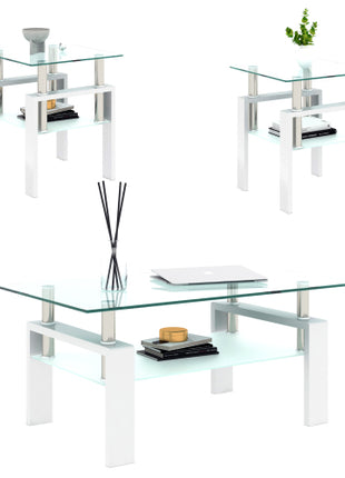 Modern Tempered Glass Coffee Table Set of 2 – Square End Tables with Storage Shelf LS3