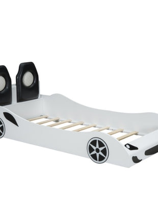 Likeshoppe Wood Twin Size Race Car-Shaped Platform Bed With LED And Upholstered Backrest, White