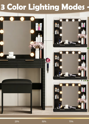 Makeup Vanity Desk with Hollywood Bulbs – Black Dressing Table with Charging Station & Storage Stool