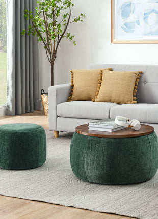 Round Storage Ottoman with Hidden Storage & Small Seat – 2-in-1 Upholstered Footstool and End Table (Green)