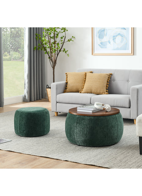 Round Storage Ottoman with Hidden Storage & Small Seat – 2-in-1 Upholstered Footstool and End Table (Green)