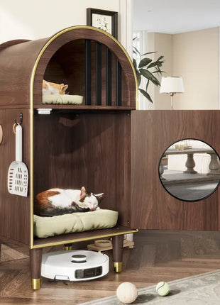 2-Tier Cat Litter Box Enclosure & Condo Cat Bed – Modern Arch Cat House Furniture for 2 Cats (Espresso)