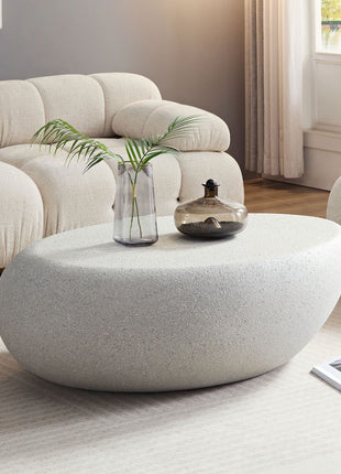 Modern Fiberglass Elliptical Coffee Table – Matte Rock Texture Irregular Living Room Center Table