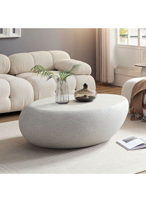 Modern Fiberglass Elliptical Coffee Table – Matte Rock Texture Irregular Living Room Center Table