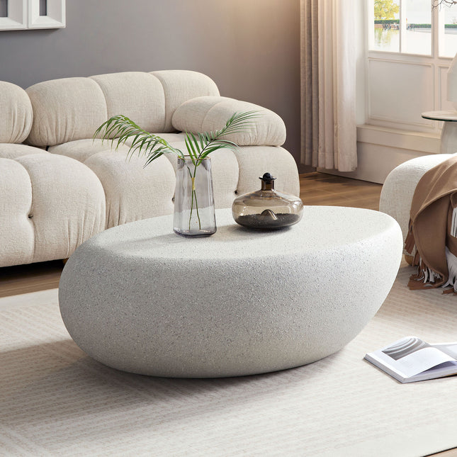Modern Fiberglass Elliptical Coffee Table – Matte Rock Texture Irregular Living Room Center Table