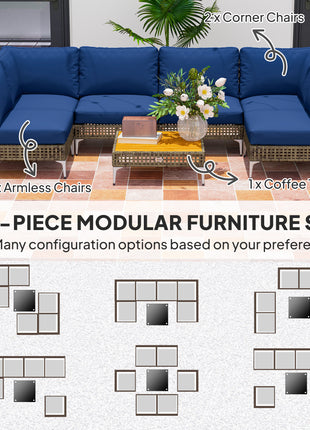 7 Piece Wicker Patio Furniture Set with Cushions & Acacia Wood Table