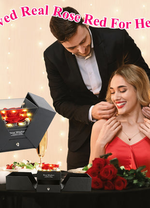 Preserved Red Rose with Heart Necklace – Eternal Real Rose Gift Box for Women