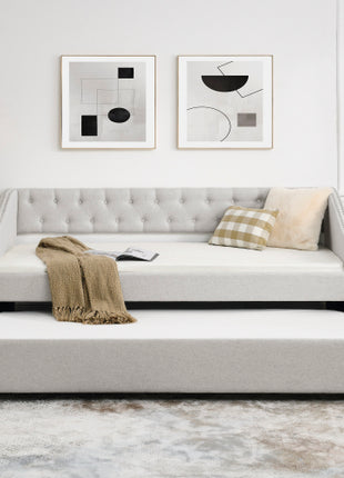 Likeshoppe Daybed with Trundle – Upholstered Mid-Century Sofa Bed with Button Tufted Back, Beige