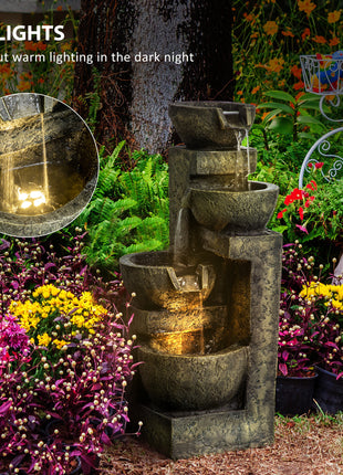 4-Tier Stone Bowl Outdoor Fountain with LED Lights – Small Zen Garden Waterfall Feature