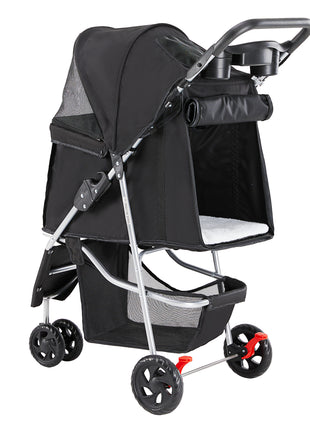 Foldable Pet Stroller for Cats & Dogs – Travel Cart with Storage Basket & Lockable Wheels