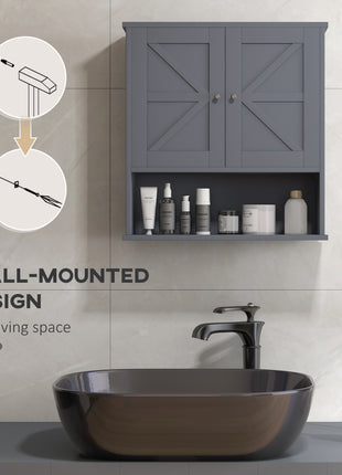 Farmhouse Wall-Mounted Medicine Cabinet – Gray Bathroom Cabinet with Barn Doors & Adjustable Shelf