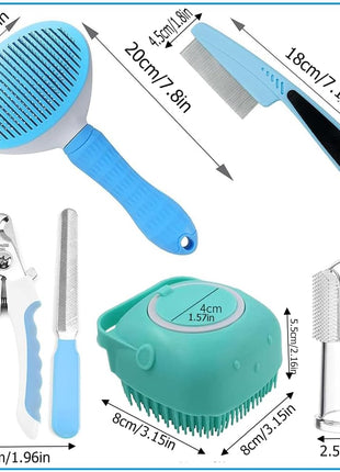 7PCS Pet Grooming Kit – Self-Cleaning Brush Nail Clipper Flea Comb Set