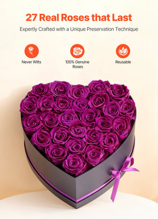 27 Preserved Purple Roses Heart Box – Forever Flowers Gift for Women Wife Mom Anniversary Valentine’s Day