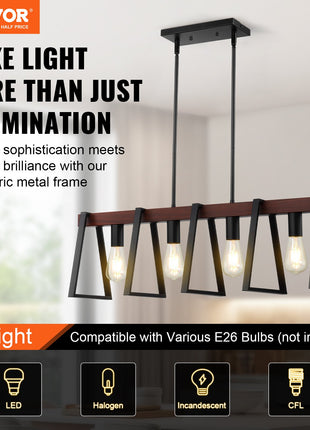 4-Light Kitchen Island Pendant Light with Adjustable Rods – Modern Black Metal Dining Room Chandelier with Walnut Wood Finish