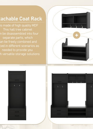 4-in-1 Hall Tree Entryway Storage Bench with Coat Hooks & Cabinet