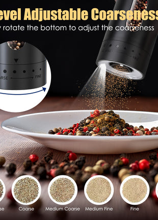 USB Rechargeable Electric Pepper Grinder with LED Light – Automatic Salt & Spice Mill with 6 Adjustable Coarseness Settings