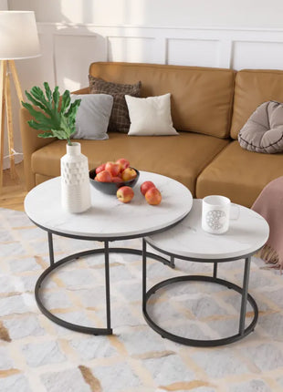 Round Nesting Coffee Table Set of 2 – Marble Pattern Modern Coffee Tables with Metal Frame