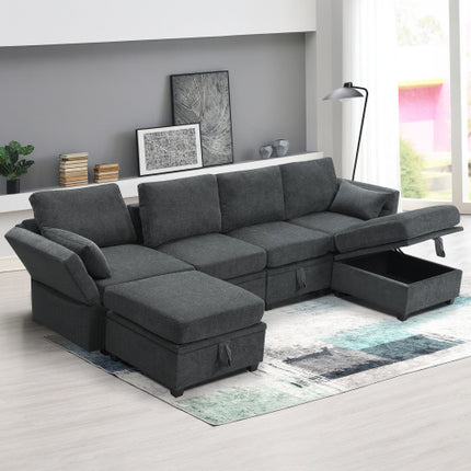 109*54.7\" Chenille Modular Sectional Sofa,U Shaped Couch with Adjustable Armrests and Backrests,6 Seat Reversible Sofa Bed with Storage Seats for Living Room, Apartment,2 Colors - Likeshoppe 