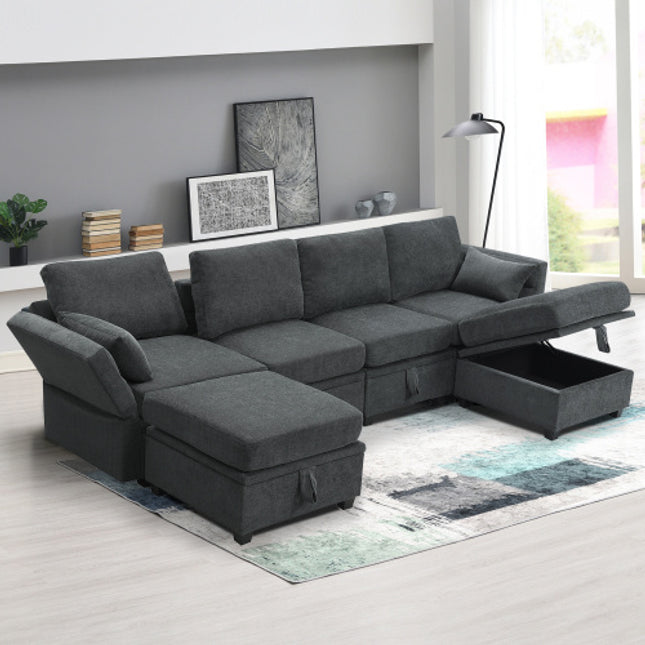 109*54.7\" Chenille Modular Sectional Sofa,U Shaped Couch with Adjustable Armrests and Backrests,6 Seat Reversible Sofa Bed with Storage Seats for Living Room, Apartment,2 Colors - Likeshoppe 