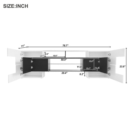 TV12- ON-TREND Unique Shape TV Stand with 2 Illuminated Glass Shelves, High Gloss Entertainment Center for TVs Up to 88", Versatile TV Cabinet with LED Color Changing Lights for Living Room, Black&White - Likeshoppe 