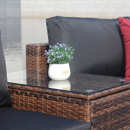 PX15- (5 Pieces Outdoor Patio Garden) Brown Wicker Sectional Conversation Sofa Set with Black Cushions and Red Pillows; w/ Furniture Protection Cover - Likeshoppe 