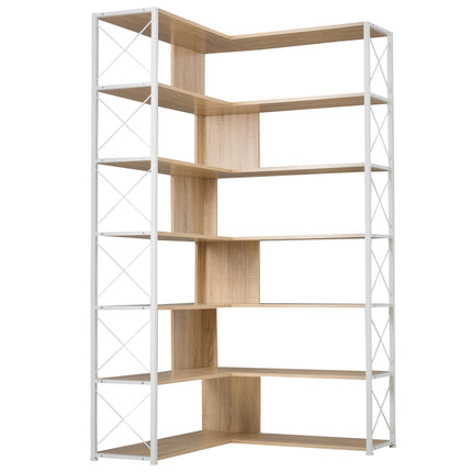 BC2- 7-Tier Bookcase Home Office Bookshelf, L-Shaped Corner Bookcase with Metal Frame, Industrial Style Shelf with Open Storage, MDF Board - Likeshoppe 