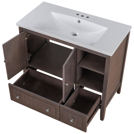 PT1- 36\\" Bathroom Vanity with Ceramic Basin;  Bathroom Storage Cabinet with Two Doors and Drawers;  Solid Frame;  Metal Handles - Likeshoppe 
