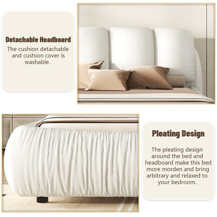 BR4- King Size Luxury Upholstered Bed With Thick Headboard, Leather King Bed with Oversized Padded Backrest, White(Expect Arrive date 2024/2/15) - Likeshoppe 