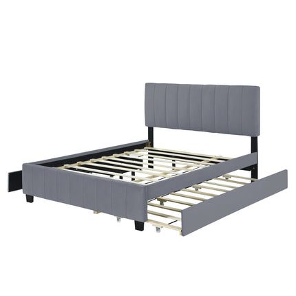 PF3- Queen Size Velvet Upholstered Platform Bed with 2 Drawers and 1 Twin XL Trundle - Likeshoppe 