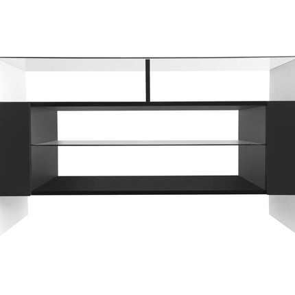 TV12- ON-TREND Unique Shape TV Stand with 2 Illuminated Glass Shelves, High Gloss Entertainment Center for TVs Up to 88", Versatile TV Cabinet with LED Color Changing Lights for Living Room, Black&White - Likeshoppe 