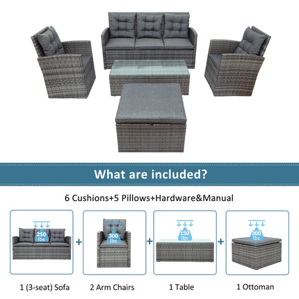 PX1- 5-piece Outdoor UV-Resistant Patio Sofa Set with Storage Bench All Weather PE Wicker Furniture Coversation Set with Glass Table, Gray - Likeshoppe 