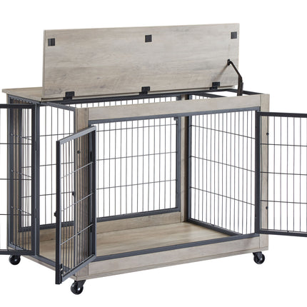 AB6- Furniture Style Dog Crate Side Table on Wheels with Double Doors and Lift Top. - Likeshoppe 