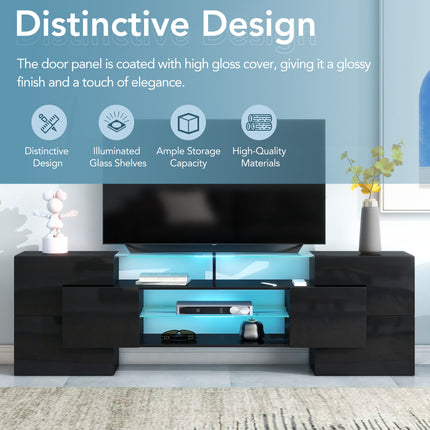 TV15- ON-TREND Unique Shape TV Stand with 2 Illuminated Glass Shelves, High Gloss Entertainment Center for TVs Up to 80", Versatile TV Cabinet with LED Color Changing Lights for Living Room, Black - Likeshoppe 