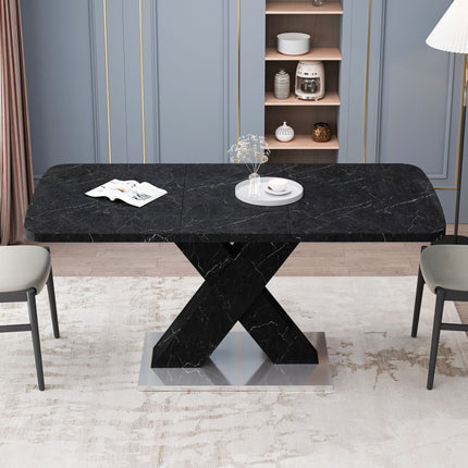 DT3- Modern Square Dining Table;  Stretchable;  Printed Black/white Marble Table Top+MDF X-Shape Table Leg with Metal Base - Likeshoppe 