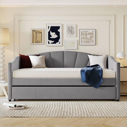 U3-Upholstered Daybed Sofa Bed Twin Size With Trundle Bed and Wood Slat - Likeshoppe 