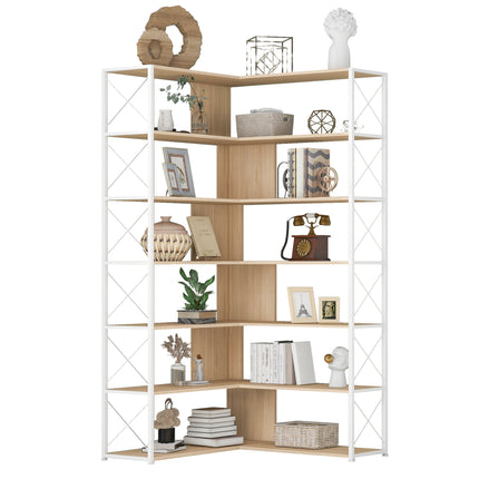 BC2- 7-Tier Bookcase Home Office Bookshelf, L-Shaped Corner Bookcase with Metal Frame, Industrial Style Shelf with Open Storage, MDF Board - Likeshoppe 
