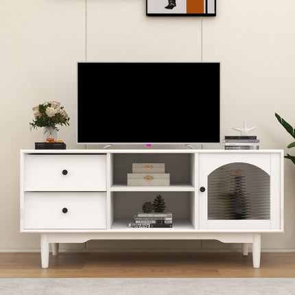 TV2- Living Room White TV Stand with Drawers and Open Shelves;  A Cabinet with Glass Doors for Storage - Likeshoppe 