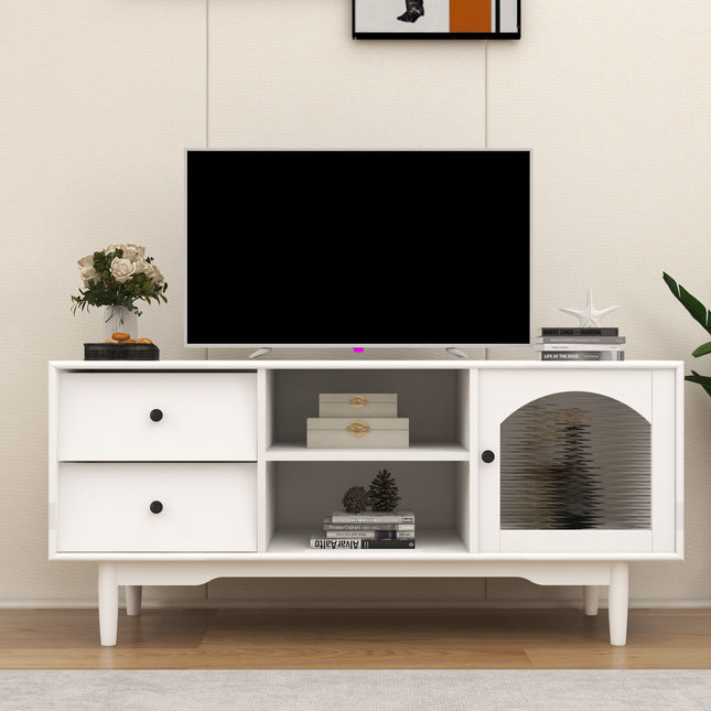 TV2- Living Room White TV Stand with Drawers and Open Shelves;  A Cabinet with Glass Doors for Storage - Likeshoppe 