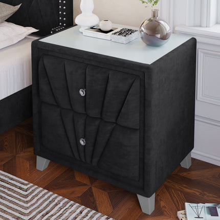 PE8- Contemporary Velvet Upholstered Glass Top Nightstand End table with Two Drawers Gray Solid Wood - Likeshoppe 