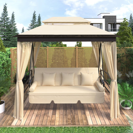 AG8- 8.9 Ft. W x 5.9 Ft. D Outdoor Gazebo with Convertible Swing Bench;  Double Roof Soft Canopy Garden Backyard Gazebo with Mosquito Netting Suitable for Lawn;  Garden;  Backyard - Likeshoppe 