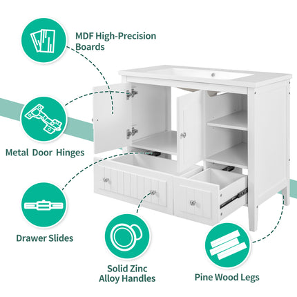 PT1- 36\\" Bathroom Vanity with Ceramic Basin;  Bathroom Storage Cabinet with Two Doors and Drawers;  Solid Frame;  Metal Handles - Likeshoppe 