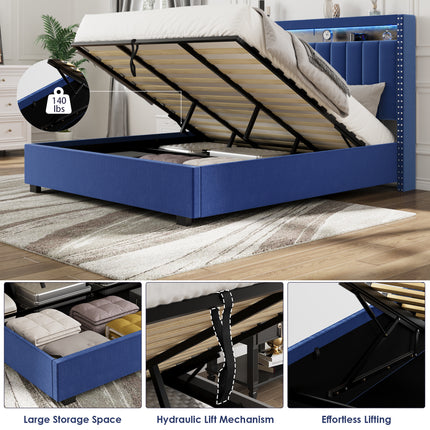 BR5- Luxury Gas Lift Storage Bed with RF LED Lights, Storage Headboard ,QUEEN Size ,Velvet Blue - Likeshoppe 