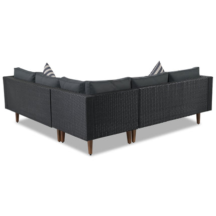 PX6- 4-pieces Outdoor Wicker Sofa Set;  Patio Furniture with Colorful Pillows;  L-shape sofa set;  Gray cushions and Black Rattan - Likeshoppe 