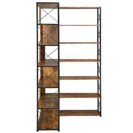 BC2- 7-Tier Bookcase Home Office Bookshelf, L-Shaped Corner Bookcase with Metal Frame, Industrial Style Shelf with Open Storage, MDF Board - Likeshoppe 