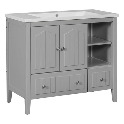 PT1- 36\\" Bathroom Vanity with Ceramic Basin;  Bathroom Storage Cabinet with Two Doors and Drawers;  Solid Frame;  Metal Handles - Likeshoppe 