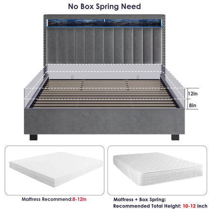 BR11- Luxury Gas Lift Storage Bed with RF LED Lights, Storage Headboard ,QUEEN Size ,Velvet Grey - Likeshoppe 