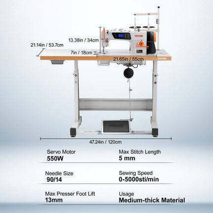 PN1- VEVOR Industrial Sewing Machine, Heavy-duty Lockstitch Sewing Machine with 550W Servo Motor Table Stand, Electro-mechanization Intelligent Start-stop, 0-5mm Industrial Straight Stitch 5000s.p.m - Likeshoppe 