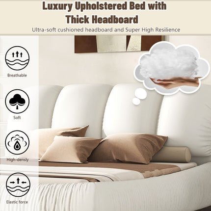 BR4- King Size Luxury Upholstered Bed With Thick Headboard, Leather King Bed with Oversized Padded Backrest, White(Expect Arrive date 2024/2/15) - Likeshoppe 