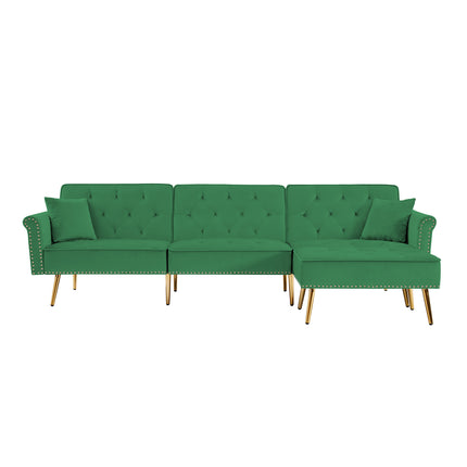U6- Modern Velvet Upholstered Reversible Sectional Sofa Bed , L-Shaped Couch with Movable Ottoman and Nailhead Trim For Living Room. (Green) - Likeshoppe 